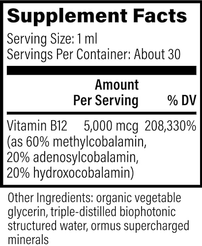 Global Healing Vitamin B12 Sublingual 5000 mcg Organic Liquid Supplement, Methylcobalamin, Adenosylcobalamin, Hydroxo Long-Lasting Energy and Healthy Metabolism - Vegan B12 Vitamins (1 Oz)