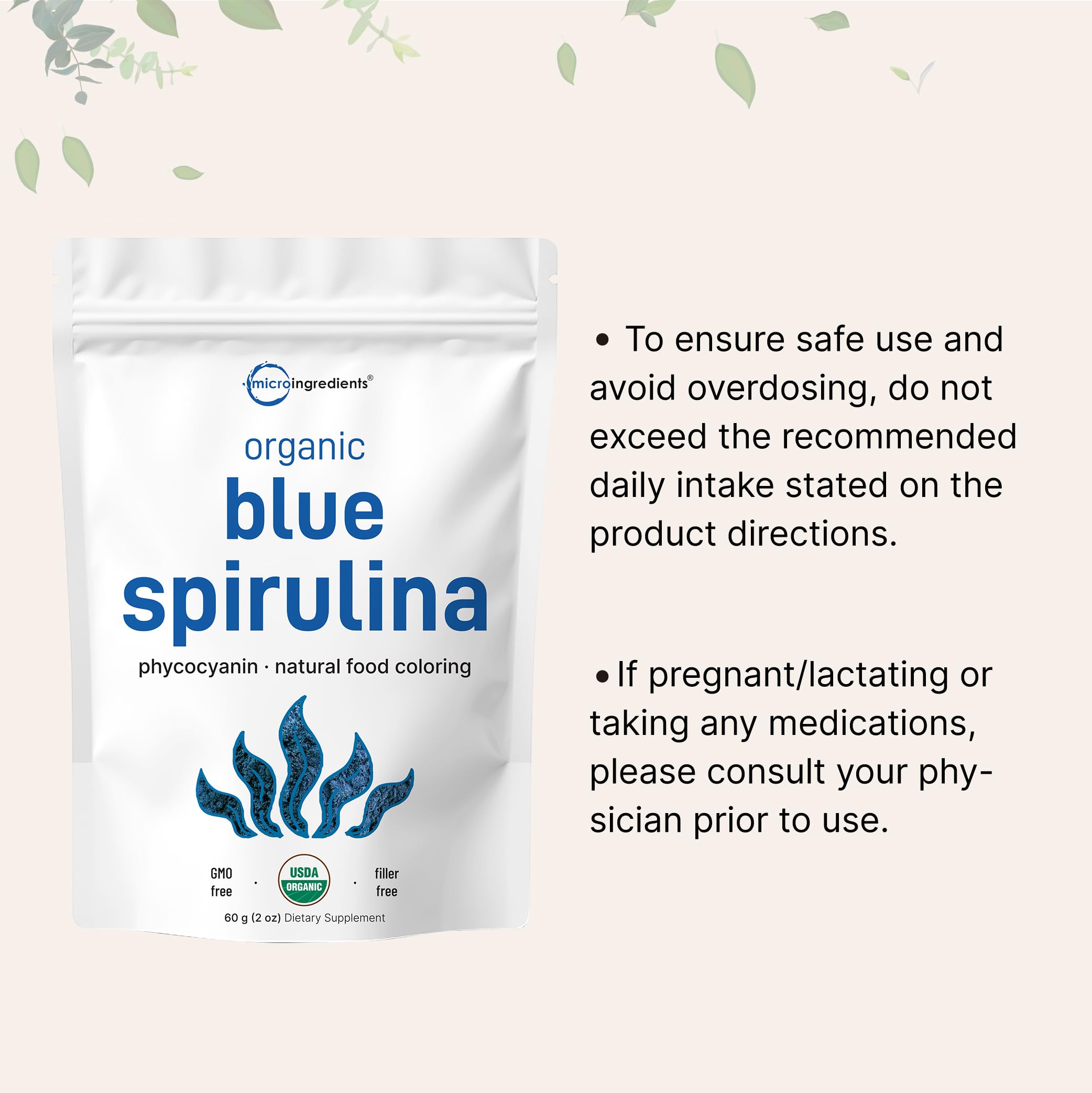 Organic Blue Spirulina Powder (Phycocyanin Extract), 60 Servings - No Fishy Smell, 100% Vegan Protein from Blue-Green Algae, Natural Luminous Food Coloring for Smoothies, Baking, Drinks & Cooking