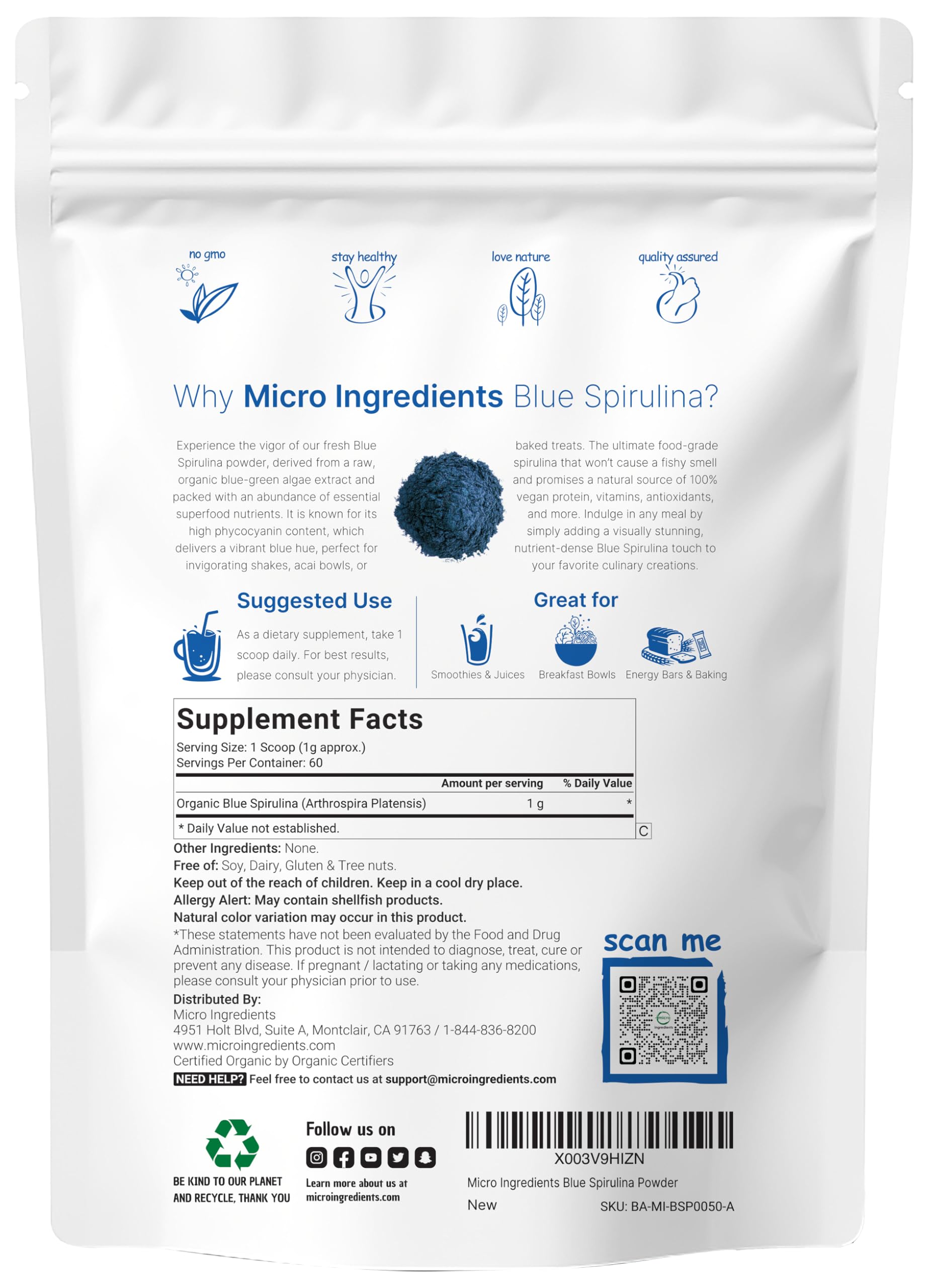 Organic Blue Spirulina Powder (Phycocyanin Extract), 60 Servings - No Fishy Smell, 100% Vegan Protein from Blue-Green Algae, Natural Luminous Food Coloring for Smoothies, Baking, Drinks & Cooking