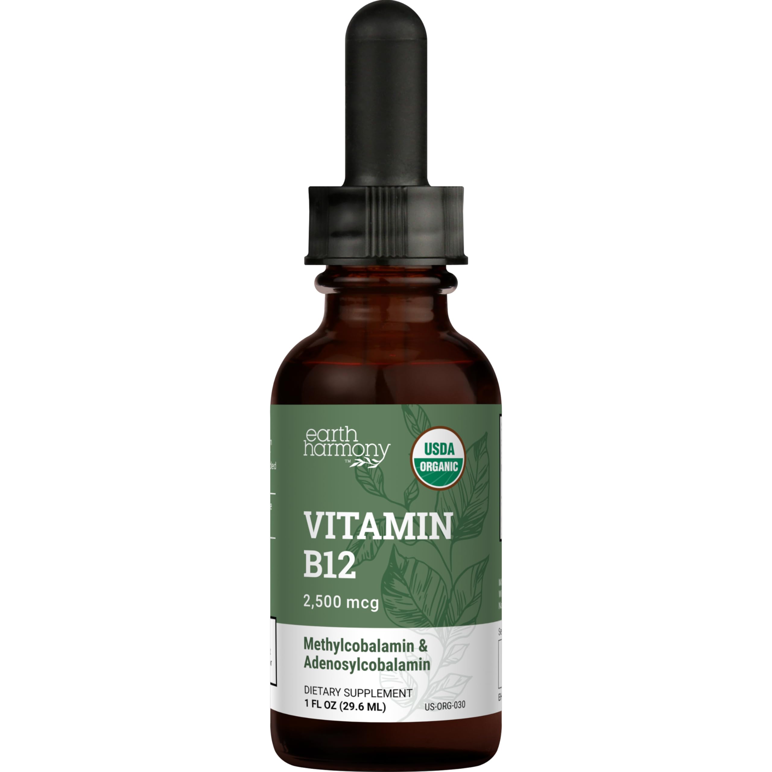 Earth Harmony Naturals Organic Vegan Vitamin B12 Sublingual Liquid Supplement - 2000mcg Methylcobalamin Drops for Natural Energy and Immune System Support - 1 Fl Oz