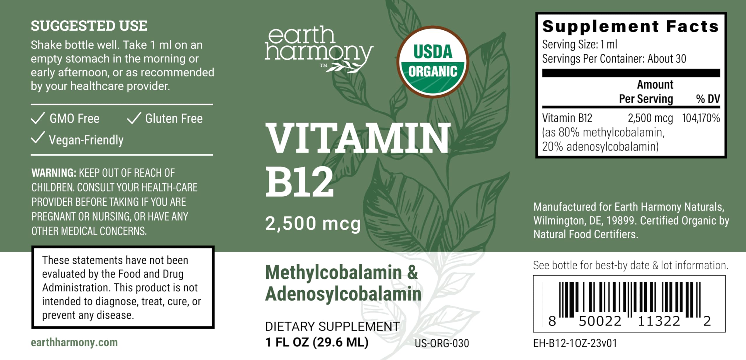 Earth Harmony Naturals Organic Vegan Vitamin B12 Sublingual Liquid Supplement - 2000mcg Methylcobalamin Drops for Natural Energy and Immune System Support - 1 Fl Oz