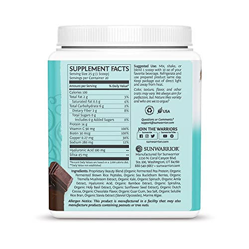 Sunwarrior Vegan Collagen Building Powder Protein Peptide with Biotin Vitamin C Hyaluronic Acid for Hair Skin Nail Dairy Free Gluten Free | Chocolate