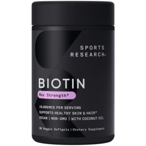 sports research vegan biotin 10,000mcg with organic coconut oil - max strength biotin vitamin b7 for healthier hair & skin and keratin support - non-gmo & gluten free, 30 softgels