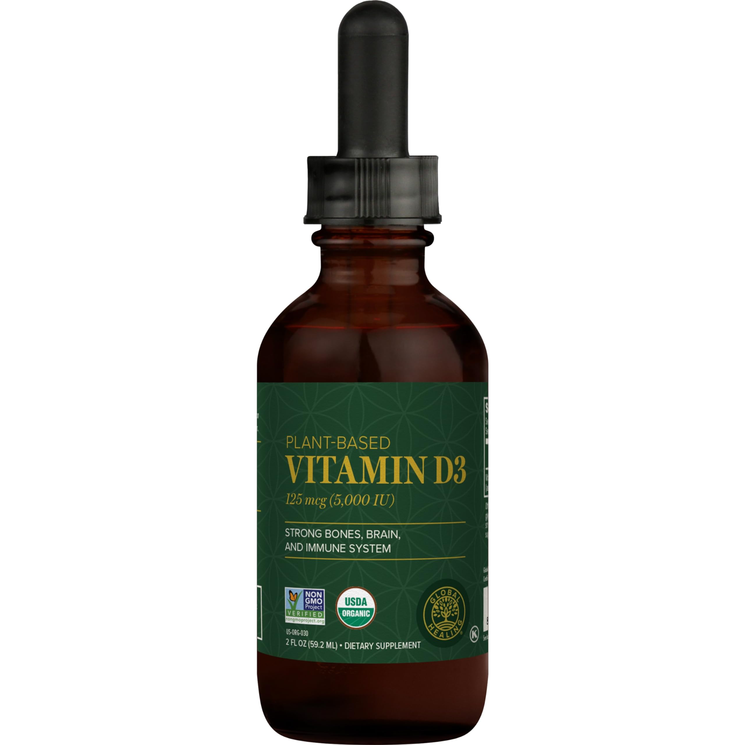 Global Healing USDA Organic Vitamin D3 5000IU Liquid Supplement Drops for Women & Men- Non-GMO Helps Support Bones and Immune System. Vegan-Friendly Formula Delivers Active Form of Vitamin D(2 Fl Oz)