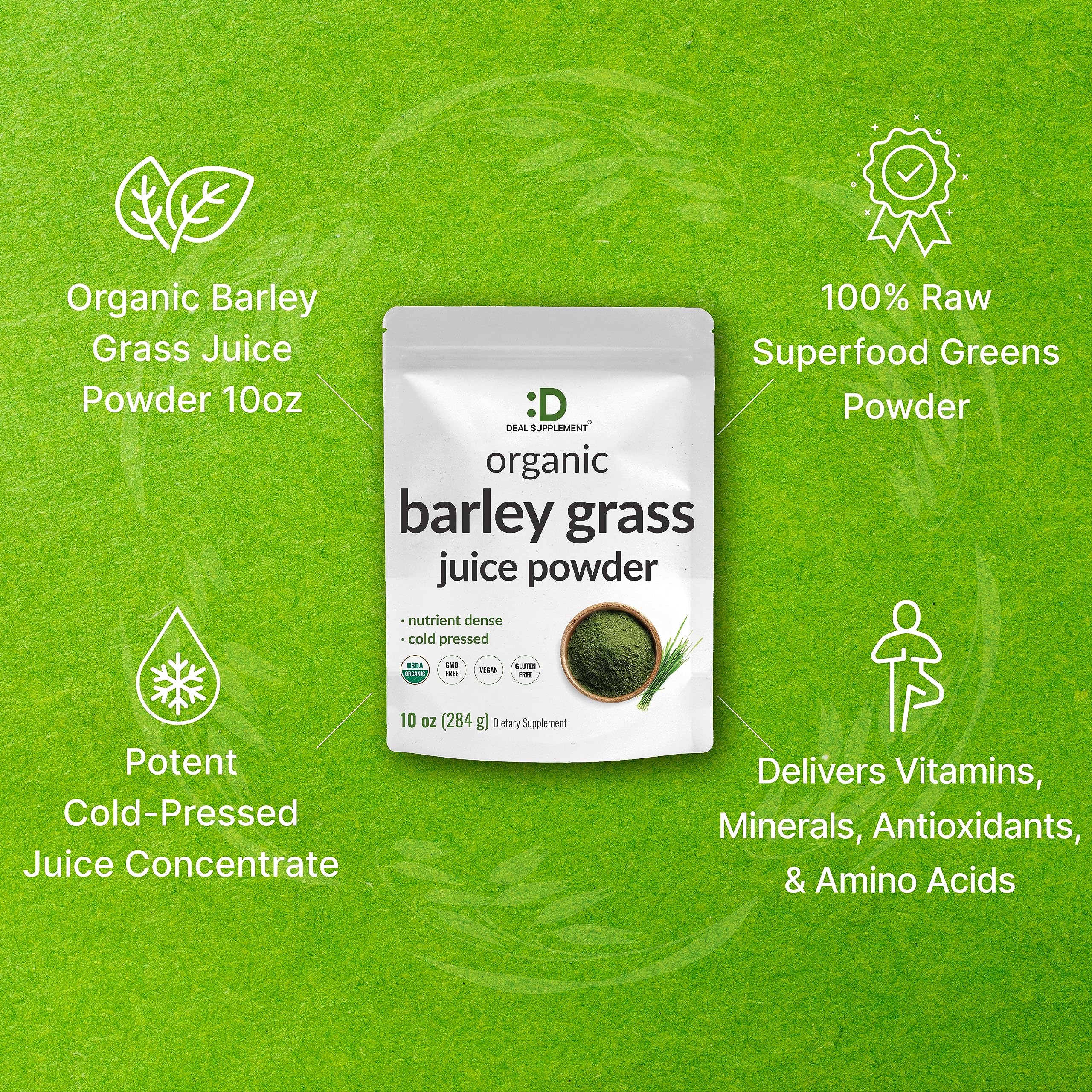 DEAL SUPPLEMENT Sustainably US Grown, Organic Barley Grass Juice Powder, 10oz – Raw Cold Pressed Source – Greens Superfood Booster – Retains Vitamins, Minerals, Antioxidants, & Chlorophyll – Non-GMO