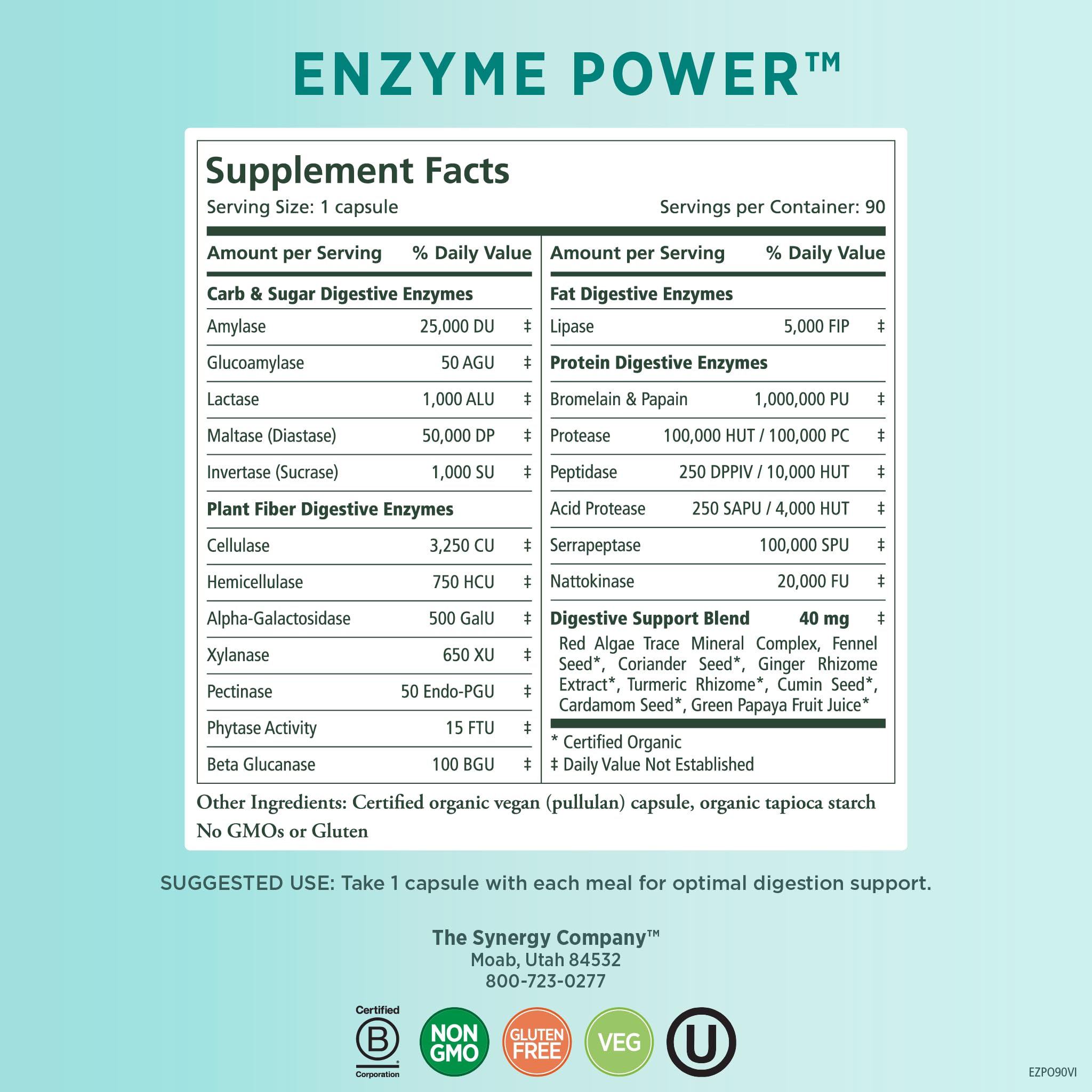 PURE SYNERGY Enzyme Power | Digestive Enzyme Supplement | Digestive Health Enzymes with Nattokinase, Bromelain, and Serrapeptase | for Digestive and Gut Health (90 Capsules)