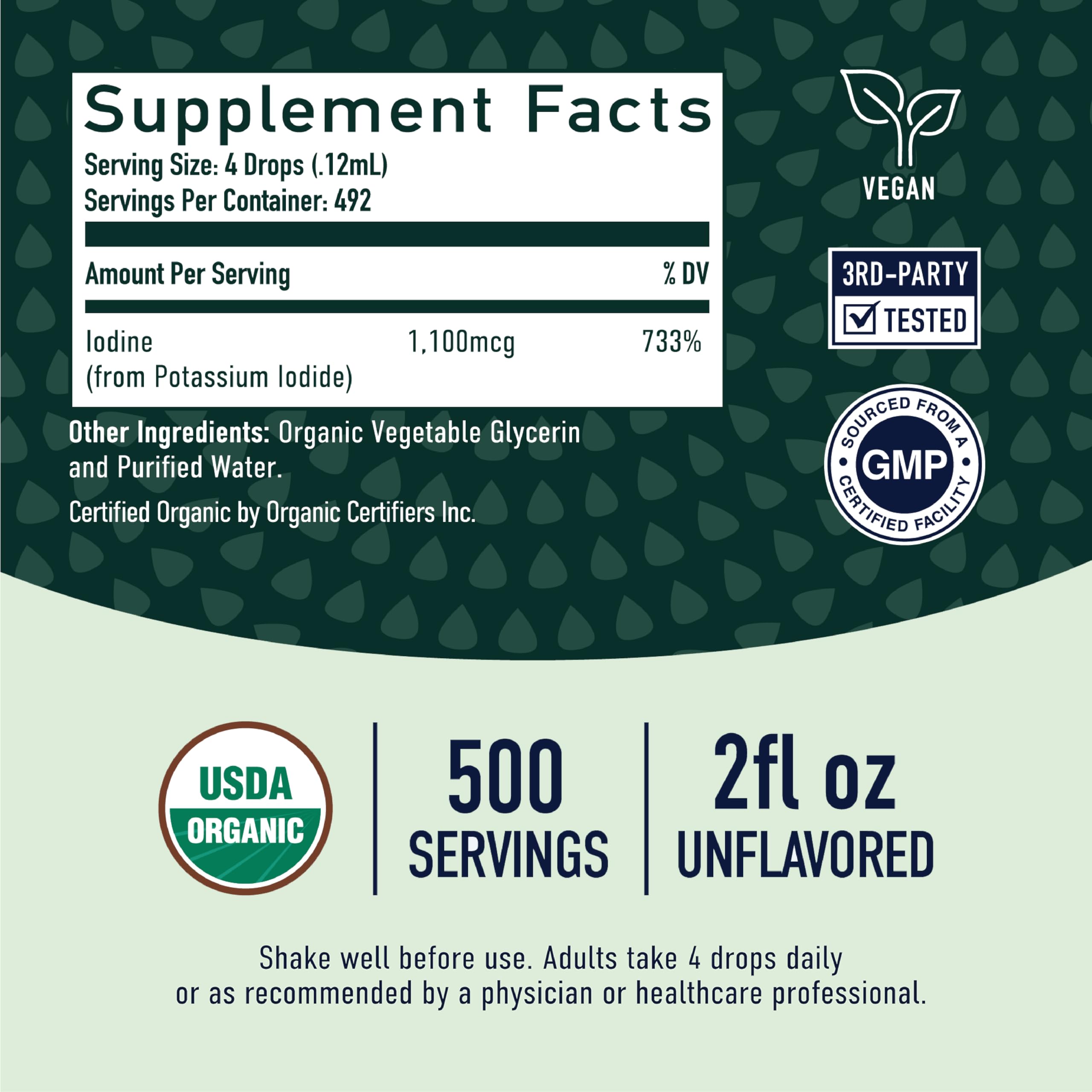 Organic Iodine Liquid for Thyroid Support | Nascent Iodine Supplements Over 1-Year Supply | USDA Certified Organic | Decolorized Iodine for Metabolism Support | Potassium Iodide Liquid | 1100 mcg