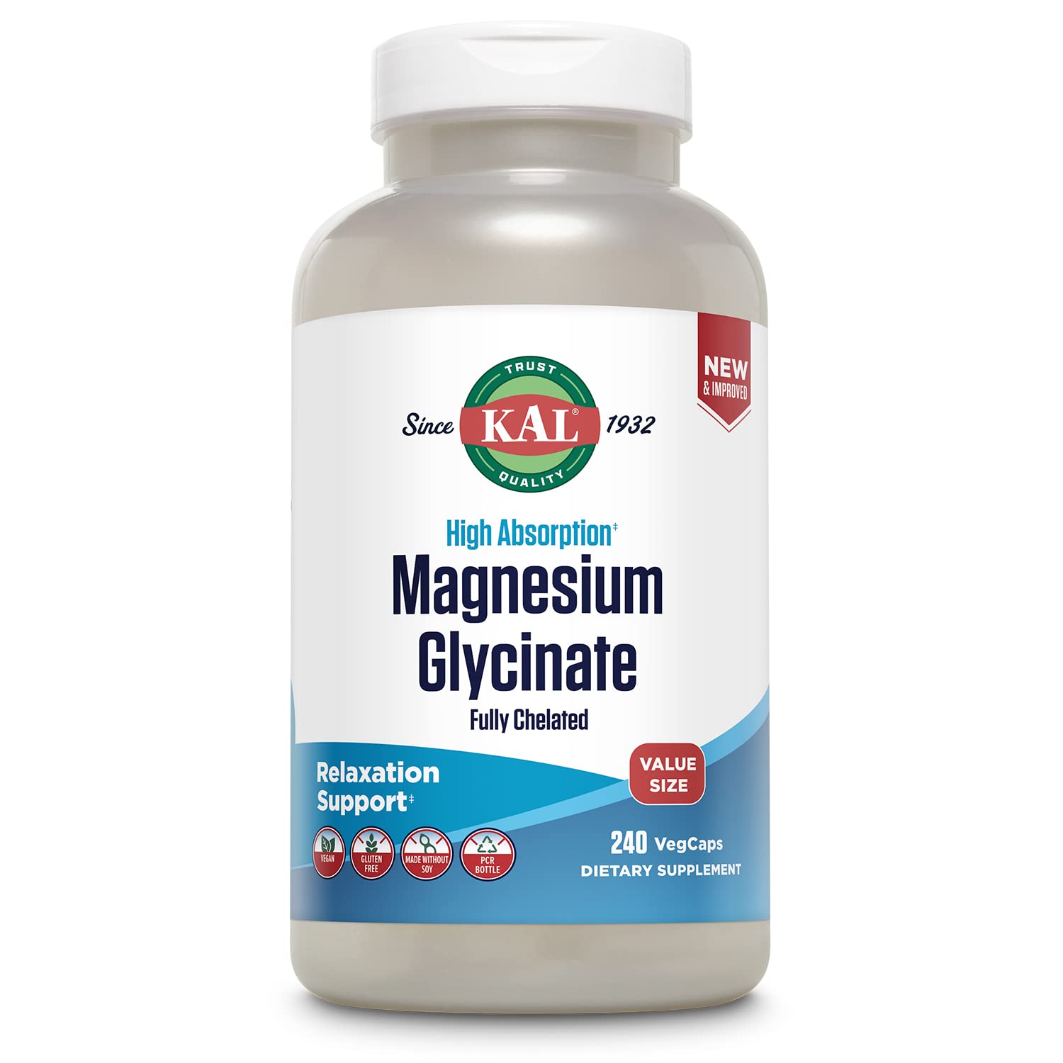 KAL Magnesium Glycinate, New & Improved Fully Chelated High Absorption Formula with BioPerine, Bisglycinate Chelate for Stress, Relaxation, Muscle & Bone Health Support, 60 Servings, 240 VegCaps