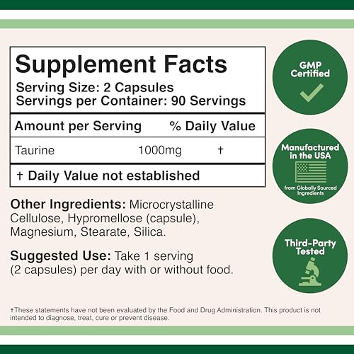 Taurine Supplement 1000mg Per Serving, 180 Capsules - Amino Acid Studied to Support a Longer, Healthier Life (Taurina) Vegan Safe, Gluten Free, Non-GMO by Double Wood