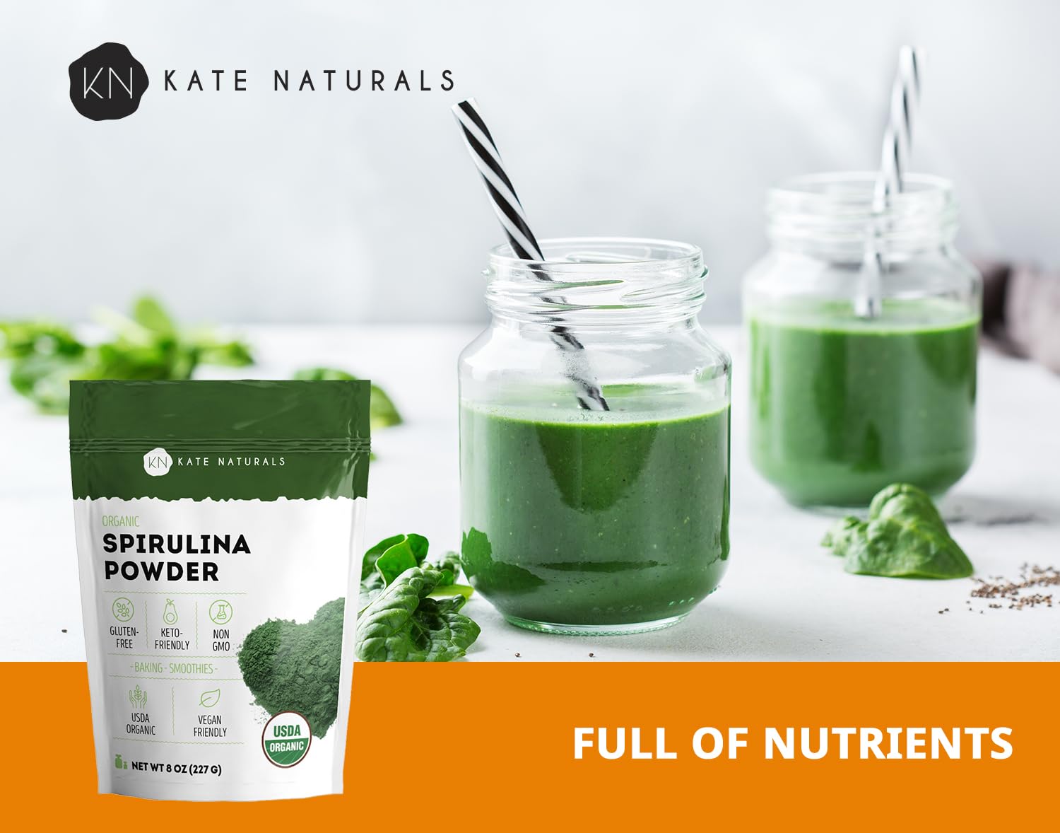 Kate Naturals Organic Spirulina Powder for Immune Support and Antioxidants. Nutrient Dense Superfood Supplement (8 oz, USDA Certified, Non-GMO, Gluten- Free)