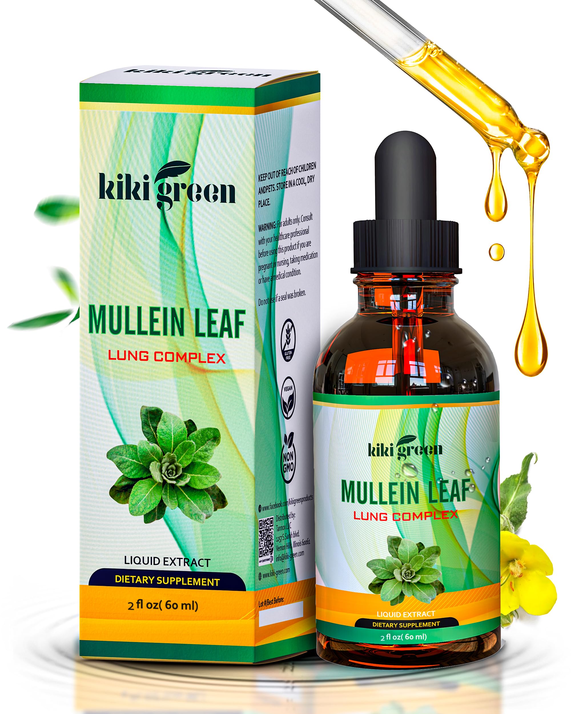 KIKI Green Liquid Mullein Leaf Tincture - Herbal Supplement from Mullein Herb for Lung Cleanse, Respiratory Health, Immune Support, Liquid Supplement Extract 2 fl oz