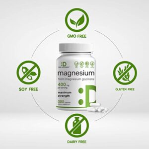 Magnesium Glycinate 400mg | Elemental Magnesium - 300 Capsules | Chelated for Easy Absorption | Highly Purified Essential Trace Mineral for Muscle, Joint, Heart, & Immune Support