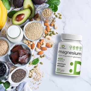 Magnesium Glycinate 400mg | Elemental Magnesium - 300 Capsules | Chelated for Easy Absorption | Highly Purified Essential Trace Mineral for Muscle, Joint, Heart, & Immune Support