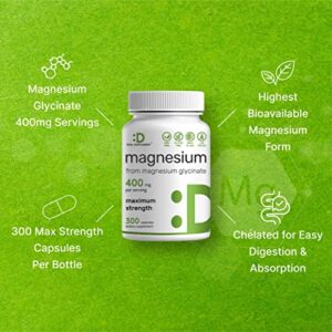 Magnesium Glycinate 400mg | Elemental Magnesium - 300 Capsules | Chelated for Easy Absorption | Highly Purified Essential Trace Mineral for Muscle, Joint, Heart, & Immune Support