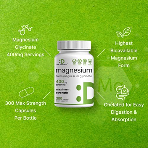 Magnesium Glycinate 400mg | Elemental Magnesium - 300 Capsules | Chelated for Easy Absorption | Highly Purified Essential Trace Mineral for Muscle, Joint, Heart, & Immune Support