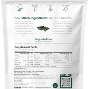 Micro Ingredients Organic Spirulina Supplement, 3000MG Per Serving, 720 Tablets (4 Month Supply), No Filler & Non-GMO, Rich in Vegan Protein, Vitamins & Prebiotics, Premium Spirulina Pills