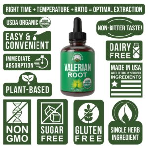 USDA Organic Valerian Root Liquid Drops Supplement. Vegan Extract Tincture for Relaxation, Sleep, Calm. Great Alternative to Valerian Capsules. Zero Sugar, Gluten Free Supplements for Women and Men