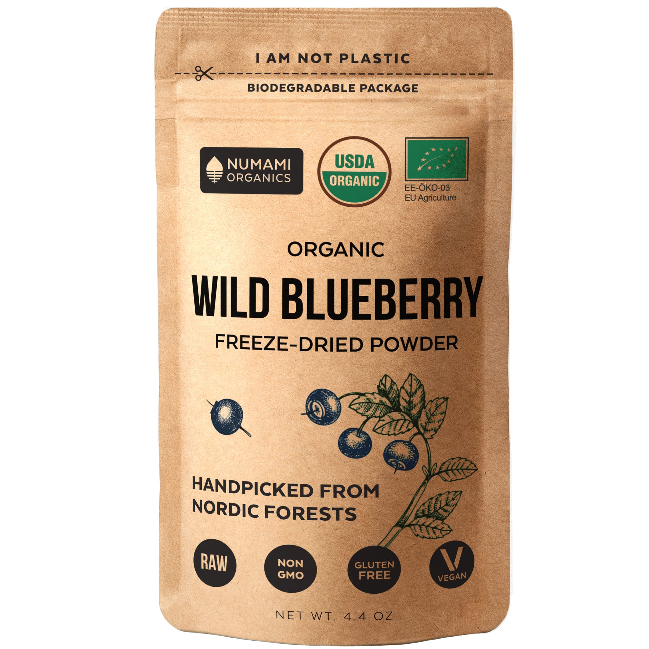 Numami Wild Blueberry Powder Organic, for Smoothies, Baking and Flavoring, Rich in Antioxydants and Vitamin C, Organic Blueberries are Handpicked from Nordic Forests Freeze Dried (4.4 Ounce)