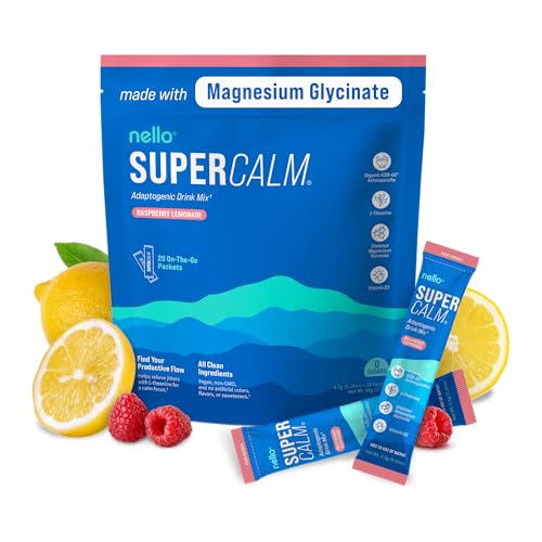 Nello Supercalm Powdered Drink Mix, Raspberry Lemonade, L Theanine, Ksm-66 Ashwagandha, Magnesium Glycinate, Vitamin D 3, Supplements for Relaxation & Focus, No Sugar, Non GMO, Vegan, On The Go, 20 Ct