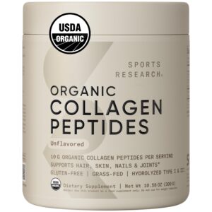 Sports Research Organic Collagen Peptides - Hydrolyzed Type I & III Collagen Protein Powder Made Sustainably from Grass-Fed Cows - Unflavored - 30 Servings