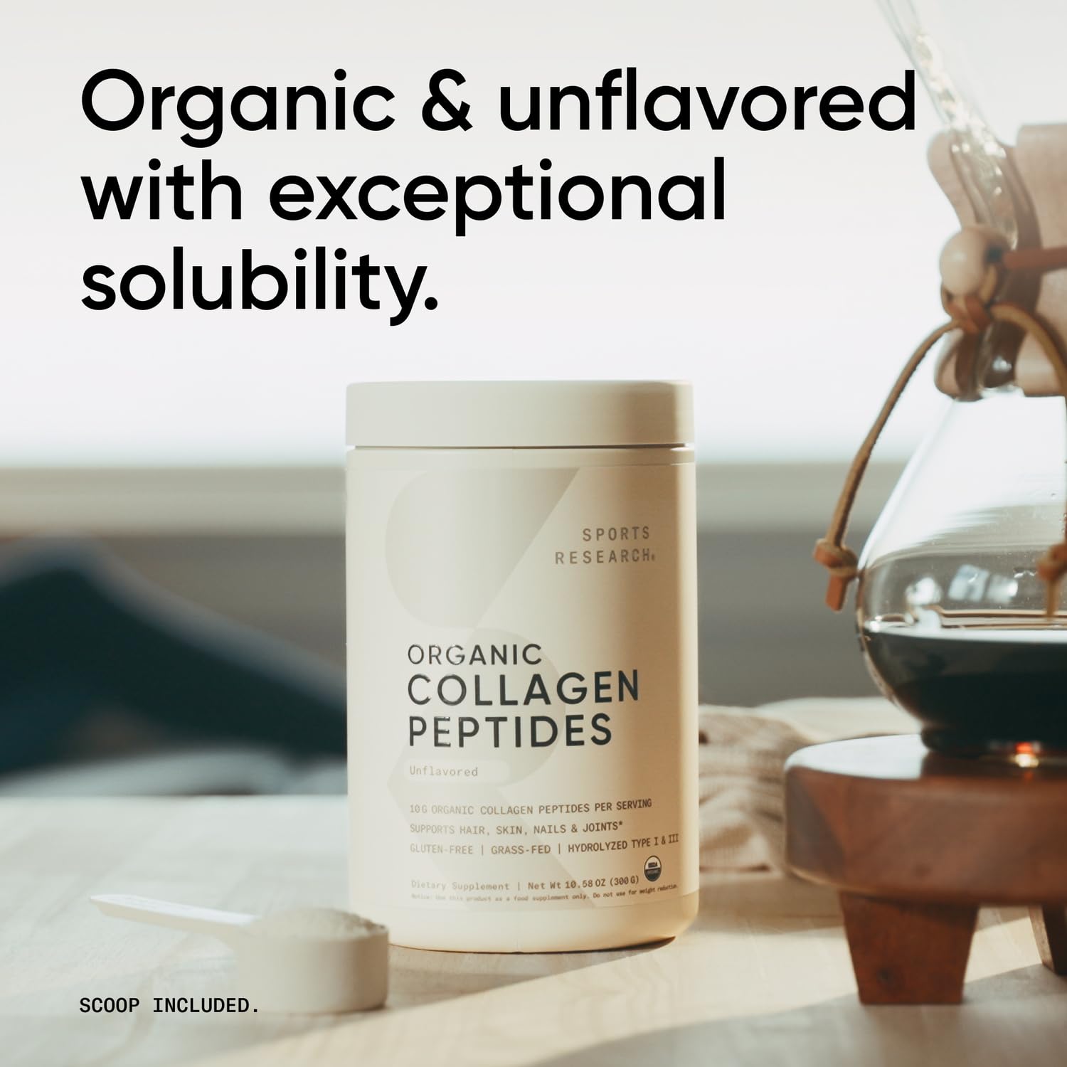 Sports Research Organic Collagen Peptides - Hydrolyzed Type I & III Collagen Protein Powder Made Sustainably from Grass-Fed Cows - Unflavored - 30 Servings