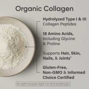 Sports Research Organic Collagen Peptides - Hydrolyzed Type I & III Collagen Protein Powder Made Sustainably from Grass-Fed Cows - Unflavored - 30 Servings