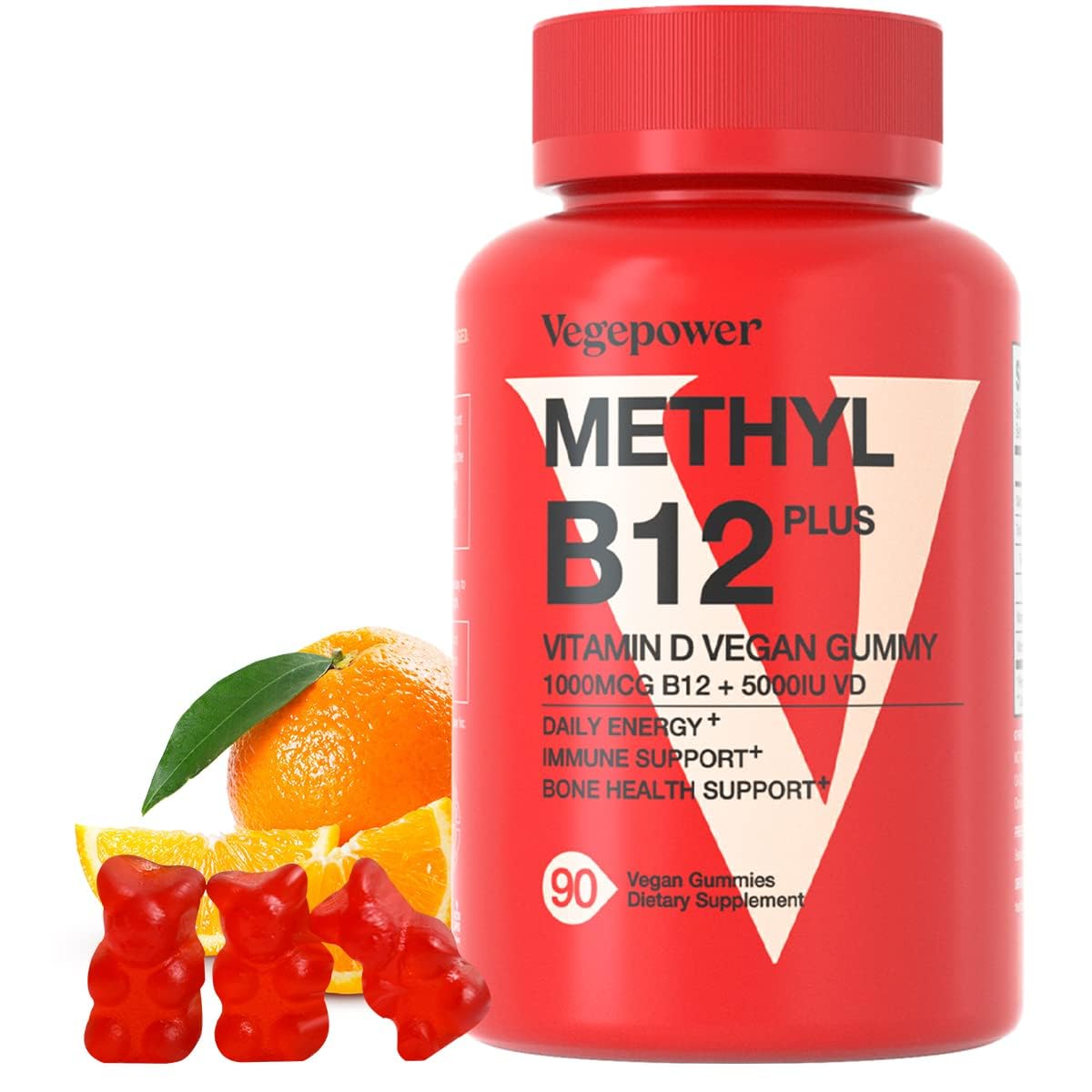 Vegan Vitamin B12 Gummies with Vitamin D - 90 Count I 1000 MCG Methyl B12 & D3 5000 IU Chewable Gummies Supplements for Adults & Kids - Supports Bone Health & Daily Energy Boost - Non-GMO, Orange