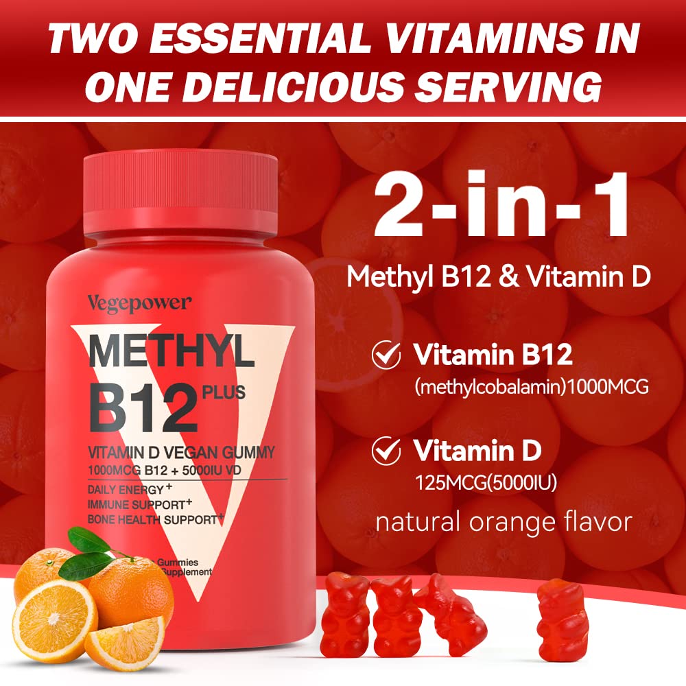 Vegan Vitamin B12 Gummies with Vitamin D - 90 Count I 1000 MCG Methyl B12 & D3 5000 IU Chewable Gummies Supplements for Adults & Kids - Supports Bone Health & Daily Energy Boost - Non-GMO, Orange