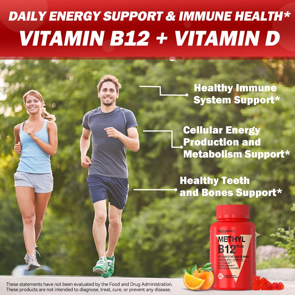 Vegan Vitamin B12 Gummies with Vitamin D - 90 Count I 1000 MCG Methyl B12 & D3 5000 IU Chewable Gummies Supplements for Adults & Kids - Supports Bone Health & Daily Energy Boost - Non-GMO, Orange