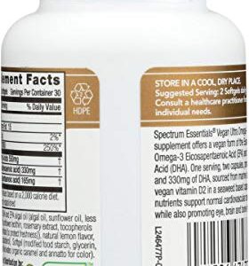 Spectrum Essentials Soft Gels, Vegan Ultra Omega-3 EPA and DHA with Vitamin D, 60 Count