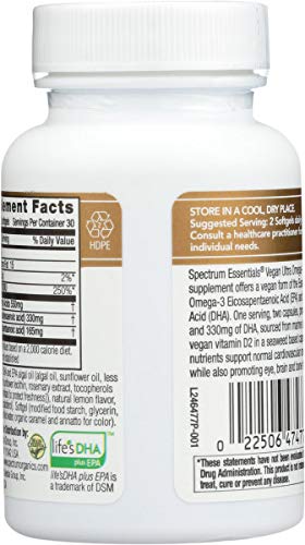 Spectrum Essentials Soft Gels, Vegan Ultra Omega-3 EPA and DHA with Vitamin D, 60 Count