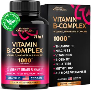 Vitamin B Complex for Men & Women - Made in USA - 11-in-1 B-Complex: B1, B2, B3, B5, B6, B7, B8, B9, B12 with Vitamin C, Choline, Inositol - Energy, Brain & Heart Support Supplement, 60 Vegan Capsules