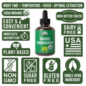 Ashwagandha Liquid Drops. USDA Organic Vegan Supplement. Extra Strength Ashwagandha Root Extract For Women, Men, Kids. With Adaptogens. Zero Sugar, Organic, Gluten Free Tincture Supplements.