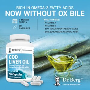 Dr. Berg Cod Liver Oil Capsules - NEW FORMULA without OxBile - Rich in Omega-3 Fatty Acids (DHA & EPA), Vitamins A & D - No Smells or Bad Aftertaste - 90 Capsules