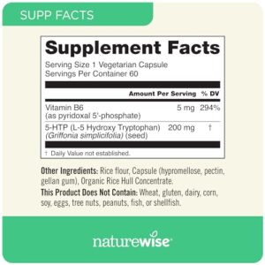 NatureWise 5-HTP 200Mg Mood Support, Natural Sleep Aid helps promote healthy eating habits, Easy-to-Digest Delayed Release Capsules Enhanced w/ Vitamin B6, Non-GMO (2 Month Supply - 60 Count)