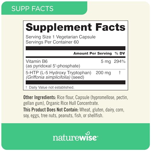 NatureWise 5-HTP 200Mg Mood Support, Natural Sleep Aid helps promote healthy eating habits, Easy-to-Digest Delayed Release Capsules Enhanced w/ Vitamin B6, Non-GMO (2 Month Supply - 60 Count)