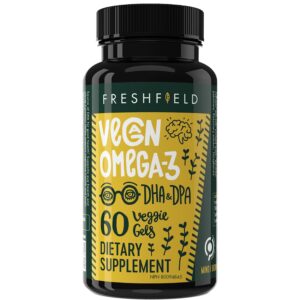 freshfield vegan omega 3 dha: sustainably sourced, premium, carrageenan free, compostable bottle, fish oil replacement, carbon neutral. supports heart, brain, joint health w/dpa (60)