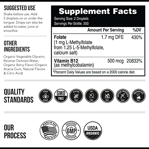 Organic Methyl Folate 1000 mcg + Methyl B12 Cofactor (300 Servings) – Metabolically Active 5-MTHF Form, Organic Berry Flavor, Liquid Sublingual Form – Mood, Cognition, Methylation, Pregnancy (1oz)