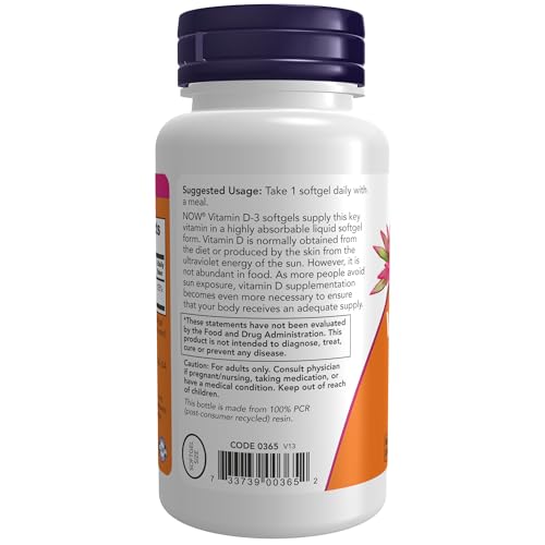 NOW Supplements, Vitamin D-3 1,000 IU, High Potency, Structural support*, 180 Softgels