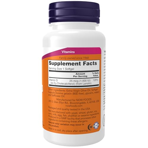 NOW Supplements, Vitamin D-3 1,000 IU, High Potency, Structural support*, 180 Softgels