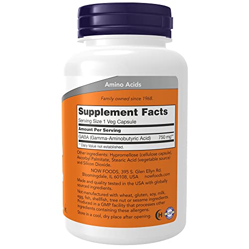 NOW Supplements, GABA (Gamma-Aminobutyric Acid) 750mg, Neurotransmitter Support*, 100 Veg Capsules