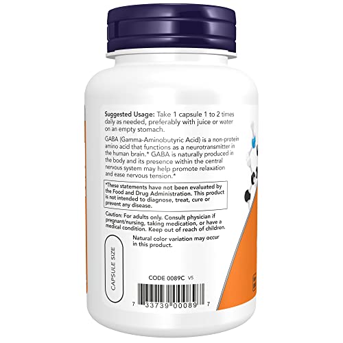 NOW Supplements, GABA (Gamma-Aminobutyric Acid) 750mg, Neurotransmitter Support*, 100 Veg Capsules