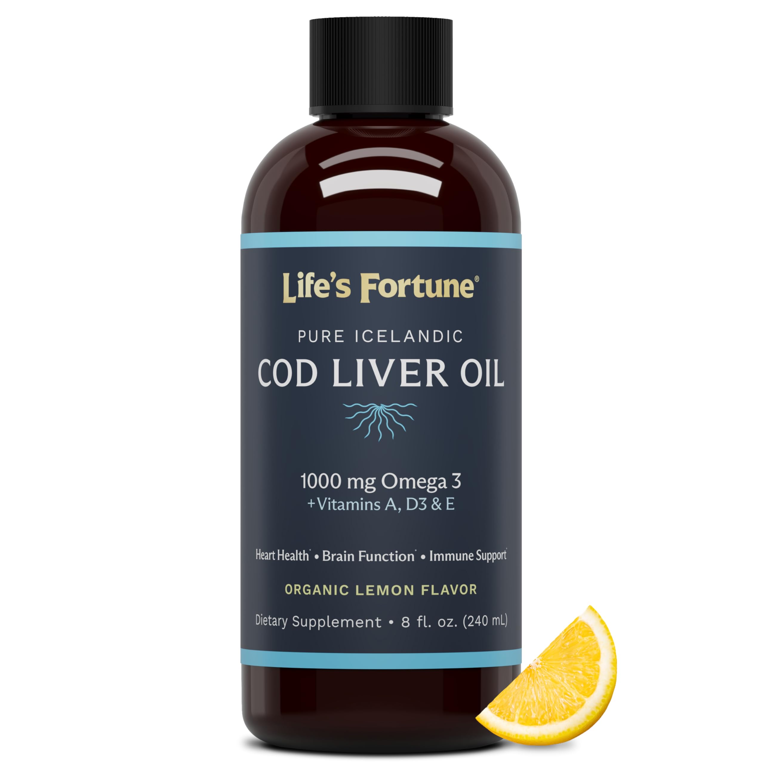 Life's Fortune Cod Liver Oil liquid Organic Lemon Flavor (8 Oz) 1,000 mg Omega + Vitamin A, E & D3 - Supports Immune Health - 100% Fish Oil Supplement from Wild Ocean Cod-GMO Free