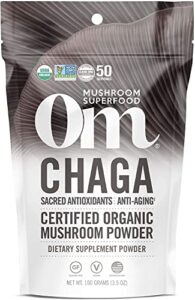 om mushroom superfood chaga organic mushroom powder, 3.5 ounce, 50 servings, us grown, sacred antioxidants & immune support, superfood mushroom supplement