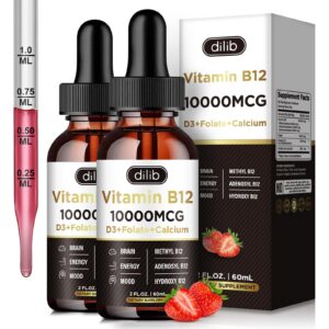 dilib Vitamin B12 Complex 10000 mcg | Vegan Triple Liquid B-12 Drops Sublingual Supplement | Methylcobalamin & Adenosylcobalamin & Hydroxo Blend for Long-Lasting Energy and Healthy Metabolism(2 Pack)