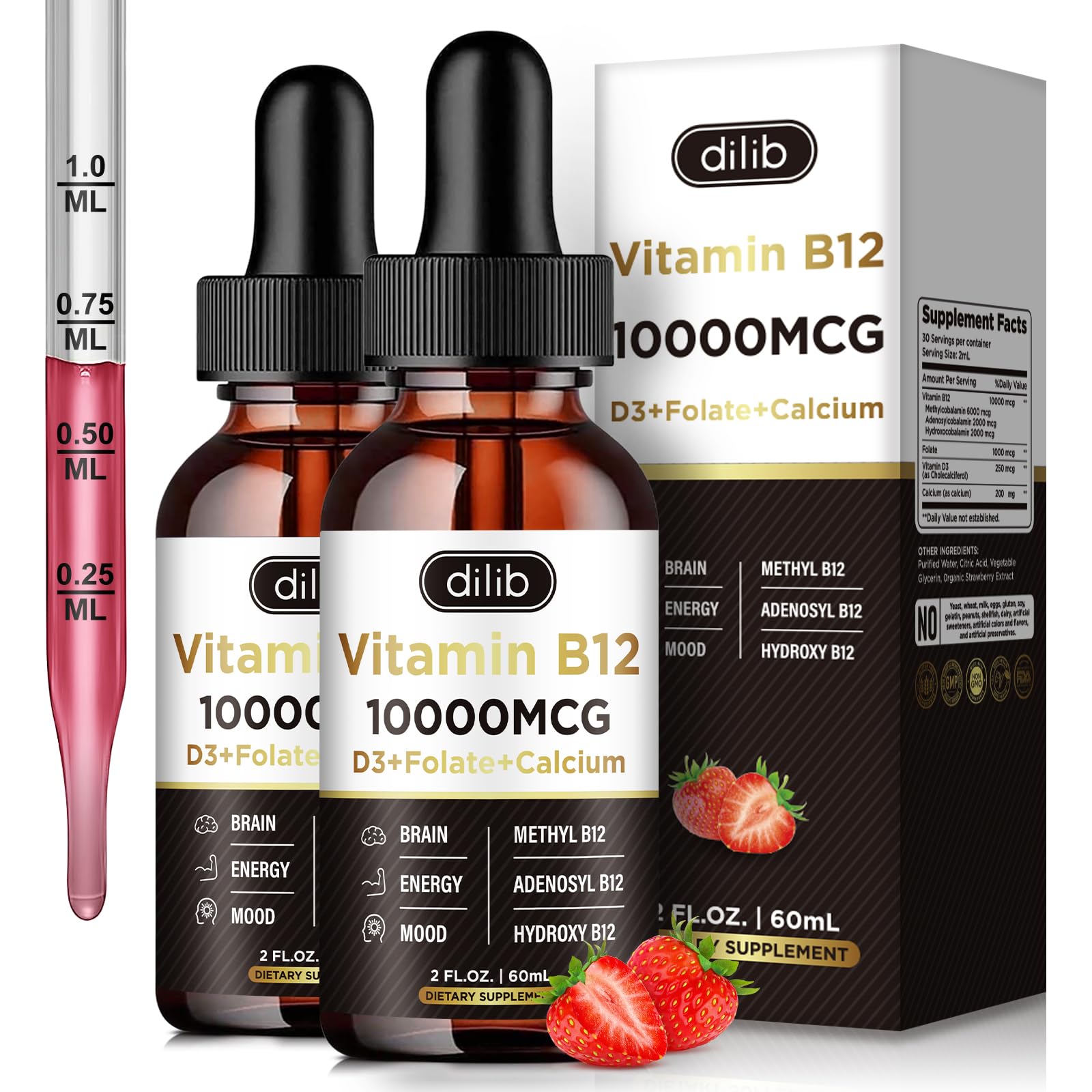 dilib Vitamin B12 Complex 10000 mcg | Vegan Triple Liquid B-12 Drops Sublingual Supplement | Methylcobalamin & Adenosylcobalamin & Hydroxo Blend for Long-Lasting Energy and Healthy Metabolism(2 Pack)