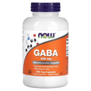 NOW Supplements, GABA (Gamma-Aminobutyric Acid) 500 mg + B-6, Natural Neurotransmitter*, 200 Veg Capsules