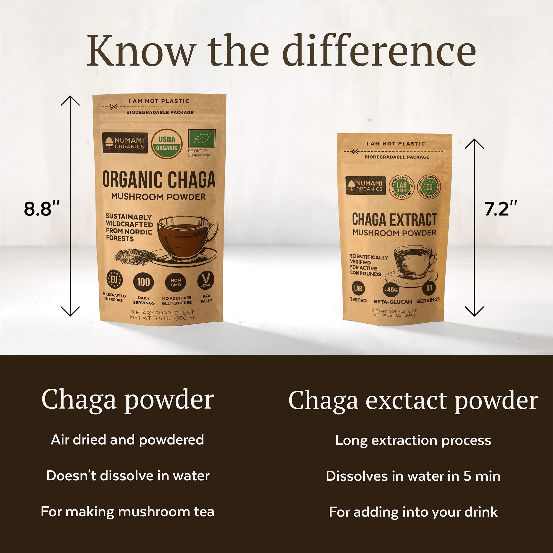 Organic Chaga Mushrooms Powder - Fine Powder to Make Chaga Tea for Immune Defense and More Energy, Organic Chaga is Wild Grown and Sustainably Harvested in Europe, Certified USDA Organic, 100 servings