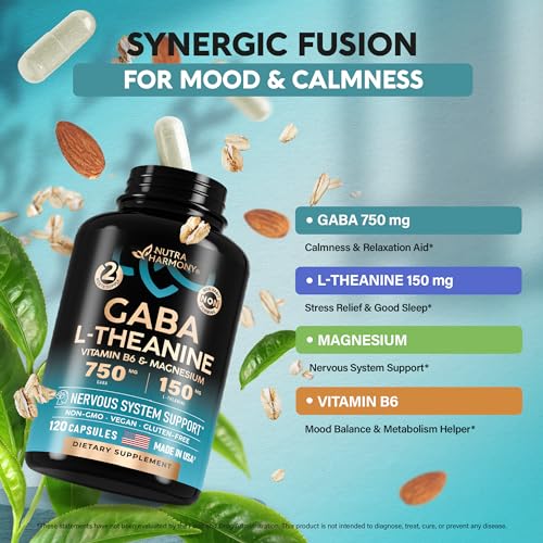 GABA L-Theanine 900 mg - Made in USA - Magnesium | Vitamin B6 - Calm, Sleep, Relaxation & Mood Support - 750 mg Gamma AminoButyric Acid, 150 mg L-Theanine - Non-Habit Forming, Vegan - 120 Capsules