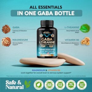 GABA L-Theanine 900 mg - Made in USA - Magnesium | Vitamin B6 - Calm, Sleep, Relaxation & Mood Support - 750 mg Gamma AminoButyric Acid, 150 mg L-Theanine - Non-Habit Forming, Vegan - 120 Capsules